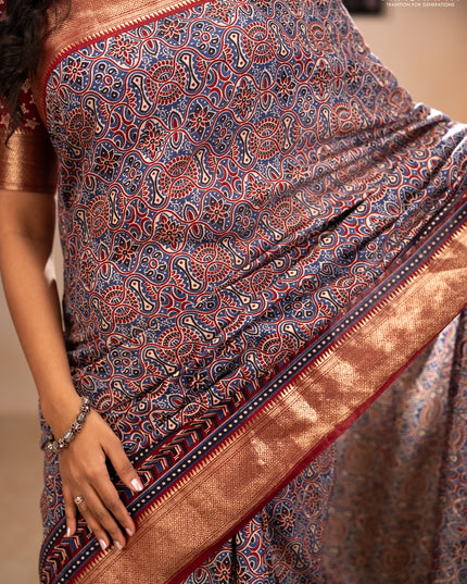 Assam silk saree indigo blue and maroon with allover ajrakh prints and zari woven border