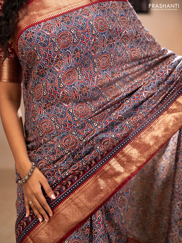 Assam silk saree indigo blue and maroon with allover ajrakh prints and zari woven border