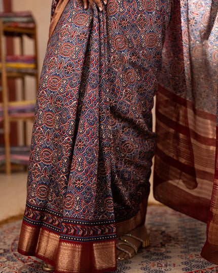 Assam silk saree indigo blue and maroon with allover ajrakh prints and zari woven border