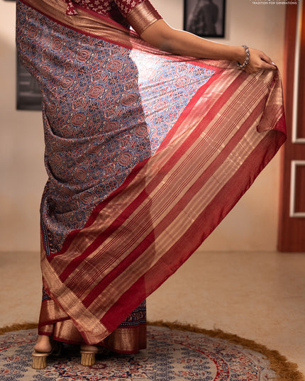 Assam silk saree indigo blue and maroon with allover ajrakh prints and zari woven border