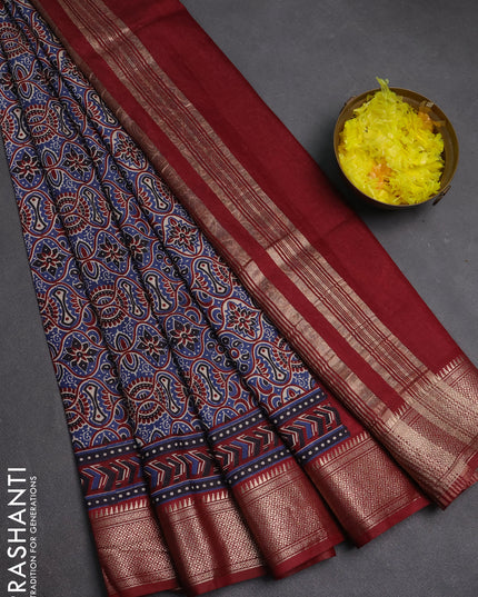 Assam silk saree indigo blue and maroon with allover ajrakh prints and zari woven border