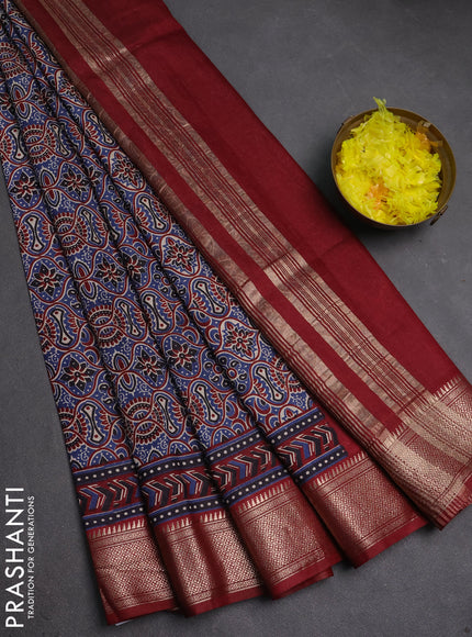 Assam silk saree indigo blue and maroon with allover ajrakh prints and zari woven border