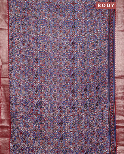 Assam silk saree indigo blue and maroon with allover ajrakh prints and zari woven border