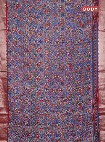 Assam silk saree indigo blue and maroon with allover ajrakh prints and zari woven border