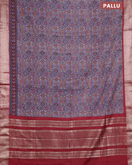 Assam silk saree indigo blue and maroon with allover ajrakh prints and zari woven border