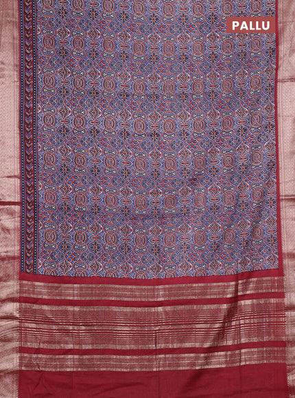 Assam silk saree indigo blue and maroon with allover ajrakh prints and zari woven border