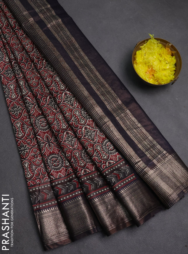 Assam silk saree maroon and coffee brown with allover ajrakh prints and zari woven border