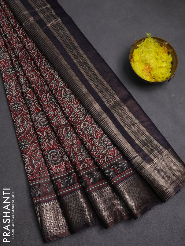 Assam silk saree maroon and coffee brown with allover ajrakh prints and zari woven border
