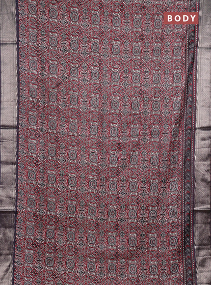 Assam silk saree maroon and coffee brown with allover ajrakh prints and zari woven border
