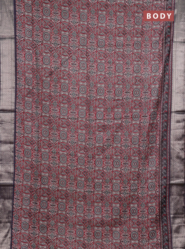 Assam silk saree maroon and coffee brown with allover ajrakh prints and zari woven border