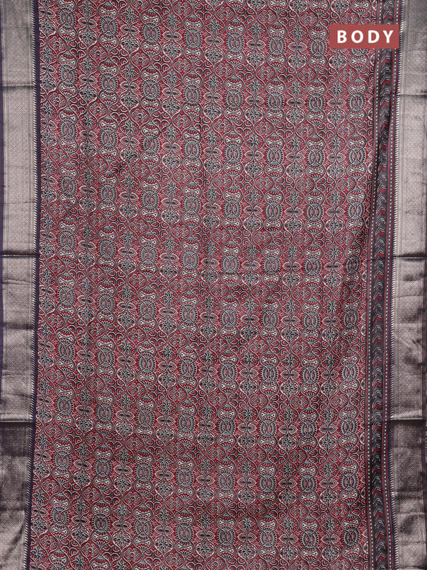 Assam silk saree maroon and coffee brown with allover ajrakh prints and zari woven border
