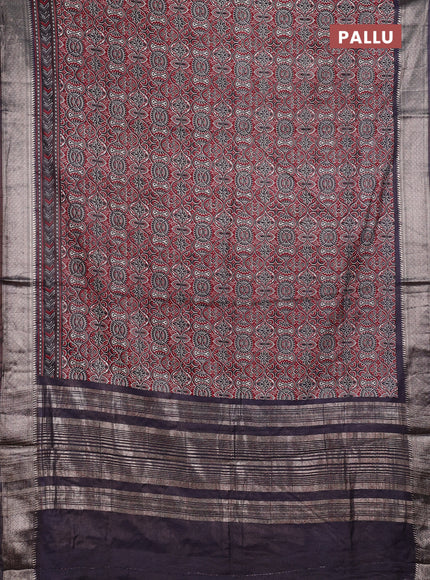 Assam silk saree maroon and coffee brown with allover ajrakh prints and zari woven border