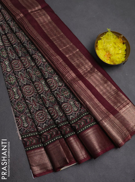 Assam silk saree black and wine with allover ajrakh prints and zari woven border