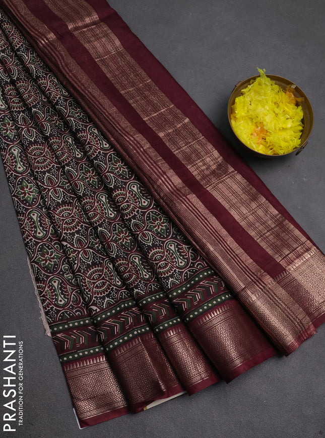 Assam silk saree black and wine with allover ajrakh prints and zari woven border