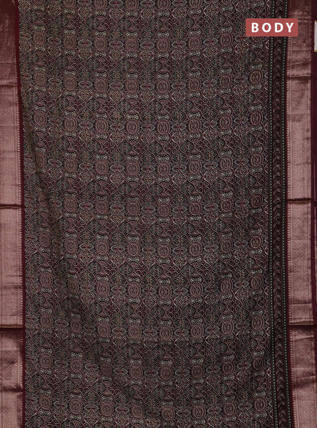 Assam silk saree black and wine with allover ajrakh prints and zari woven border