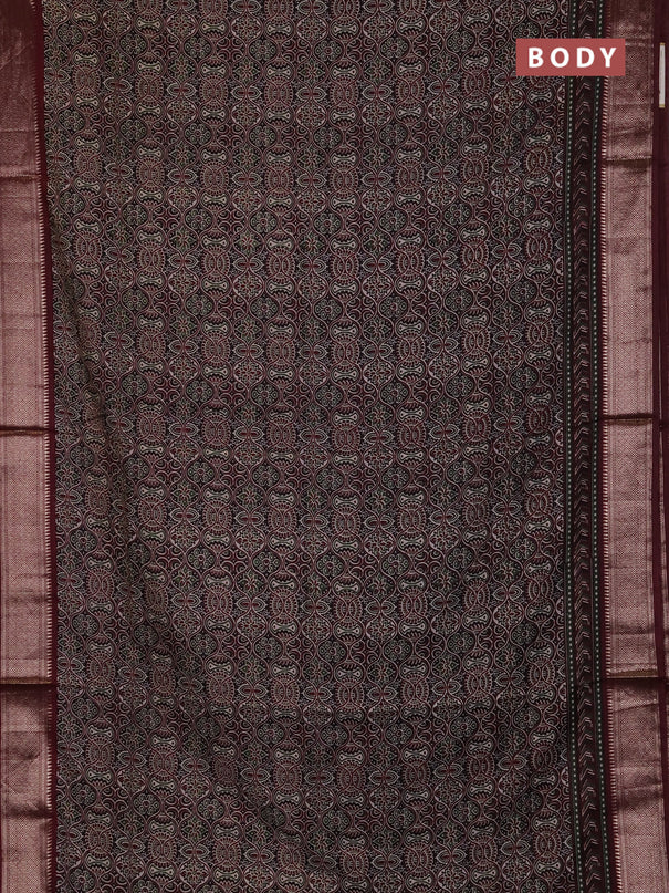 Assam silk saree black and wine with allover ajrakh prints and zari woven border