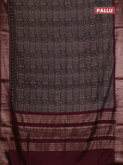 Assam silk saree black and wine with allover ajrakh prints and zari woven border