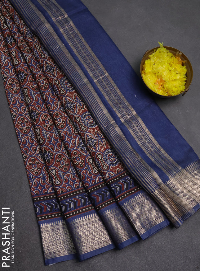 Assam silk saree coffee brown and indigo blue with allover ajrakh prints and zari woven border