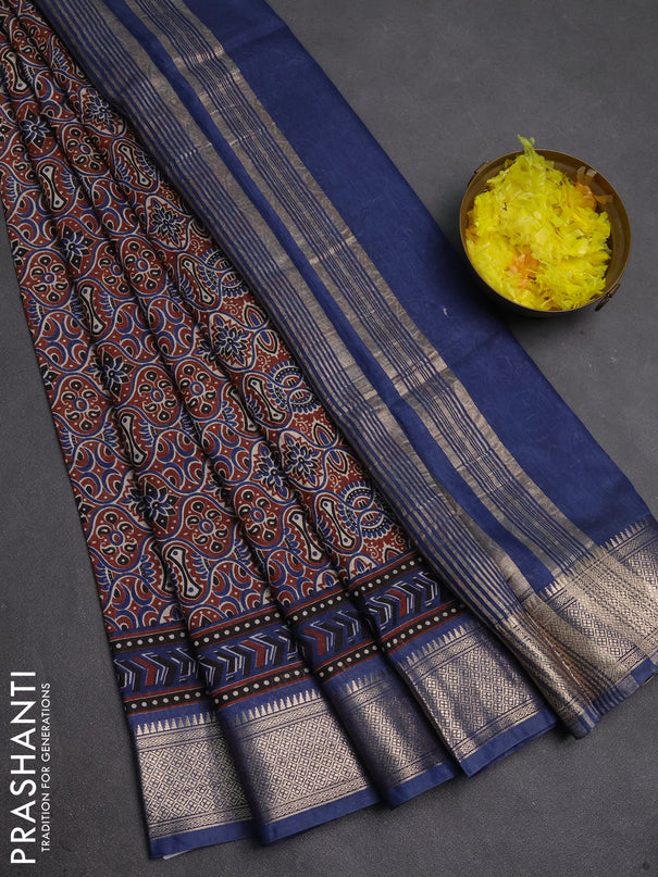 Assam silk saree coffee brown and indigo blue with allover ajrakh prints and zari woven border