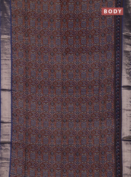 Assam silk saree coffee brown and indigo blue with allover ajrakh prints and zari woven border