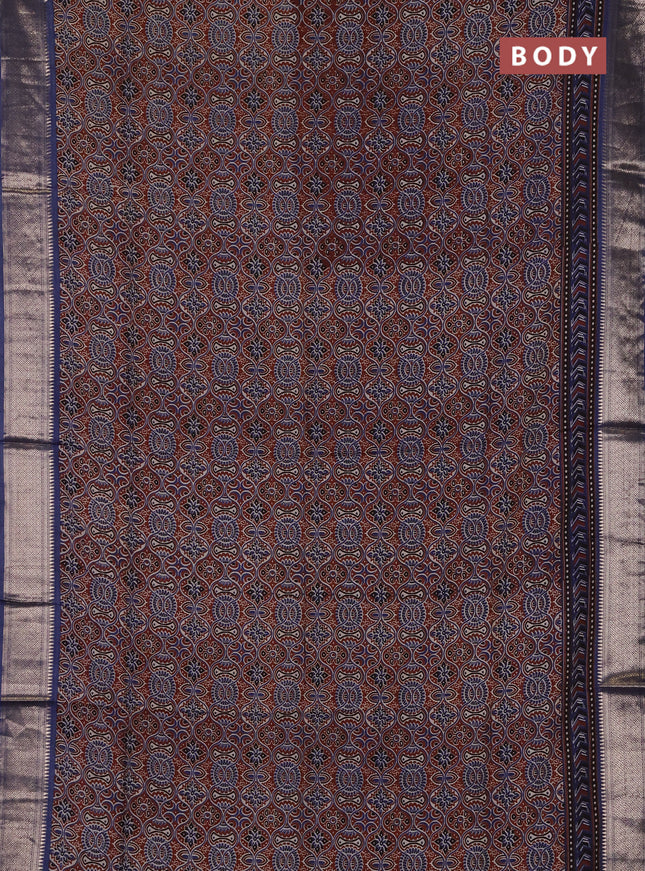 Assam silk saree coffee brown and indigo blue with allover ajrakh prints and zari woven border
