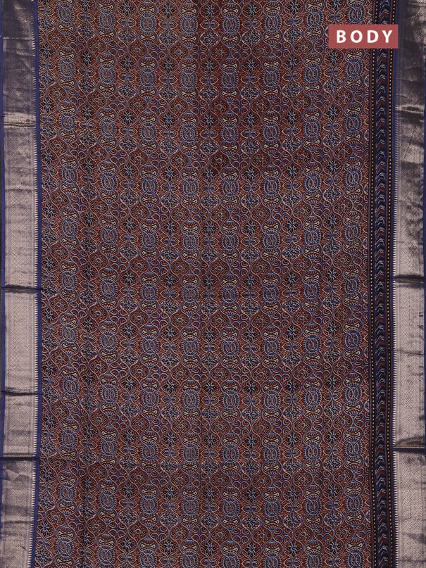 Assam silk saree coffee brown and indigo blue with allover ajrakh prints and zari woven border