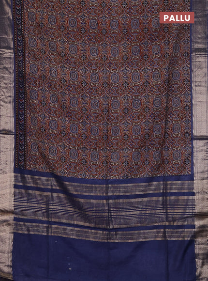 Assam silk saree coffee brown and indigo blue with allover ajrakh prints and zari woven border