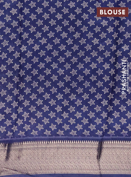 Assam silk saree coffee brown and indigo blue with allover ajrakh prints and zari woven border