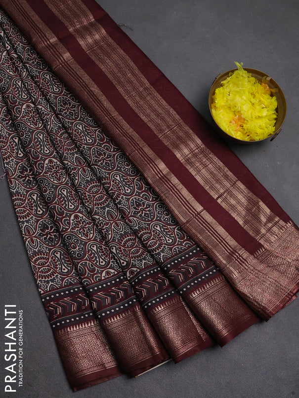 Assam silk saree grey and wine with allover ajrakh prints and zari woven border