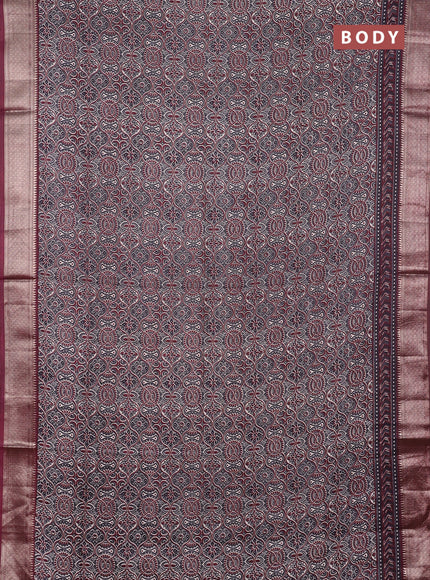 Assam silk saree grey and wine with allover ajrakh prints and zari woven border