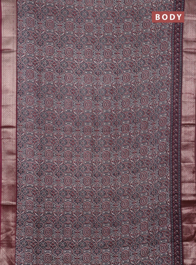 Assam silk saree grey and wine with allover ajrakh prints and zari woven border