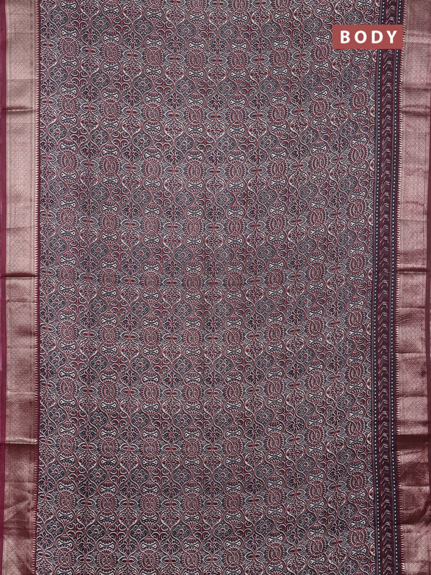 Assam silk saree grey and wine with allover ajrakh prints and zari woven border