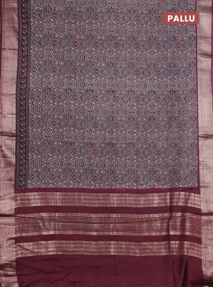 Assam silk saree grey and wine with allover ajrakh prints and zari woven border