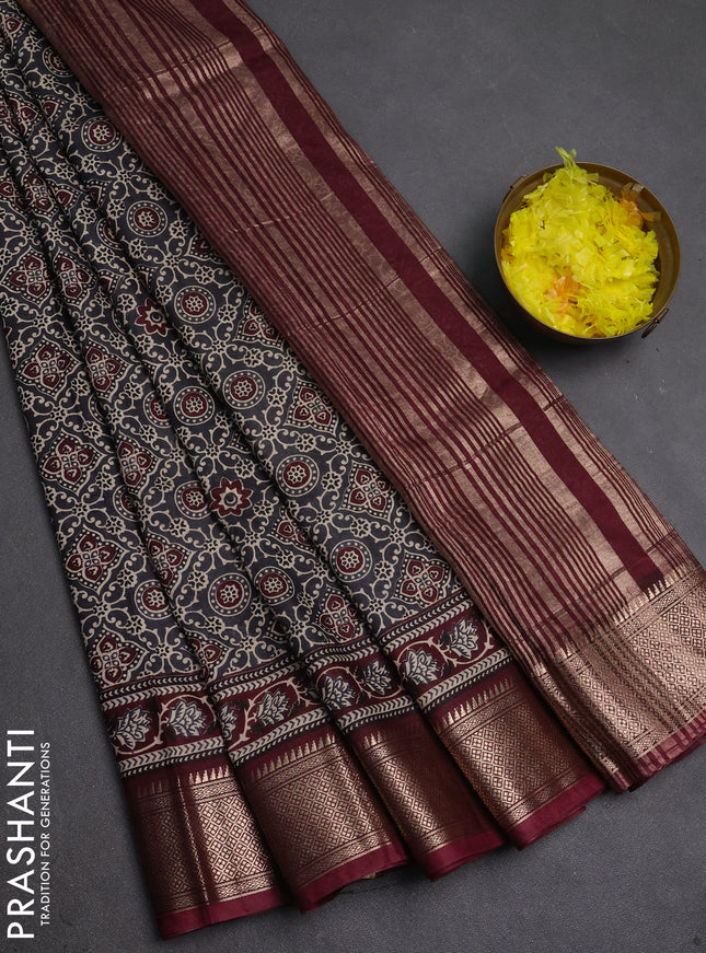 Assam silk saree grey and wine with allover ajrakh prints and zari woven border