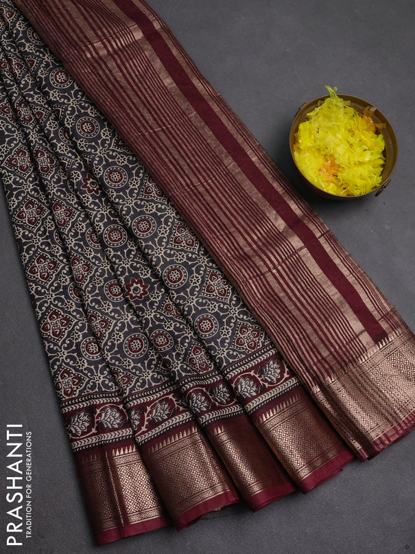 Assam silk saree grey and wine with allover ajrakh prints and zari woven border