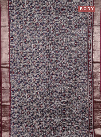 Assam silk saree grey and wine with allover ajrakh prints and zari woven border