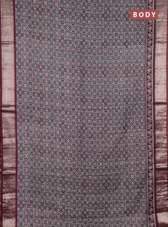 Assam silk saree grey and wine with allover ajrakh prints and zari woven border