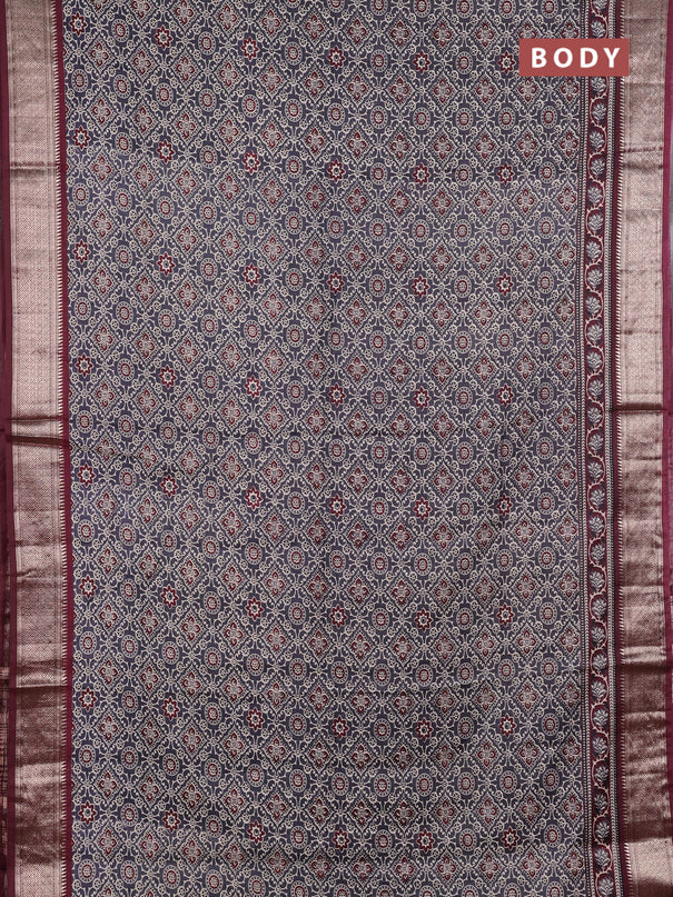 Assam silk saree grey and wine with allover ajrakh prints and zari woven border