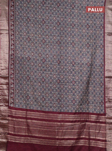 Assam silk saree grey and wine with allover ajrakh prints and zari woven border