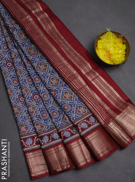 Assam silk saree indigo blue and maroon with allover ajrakh prints and zari woven border
