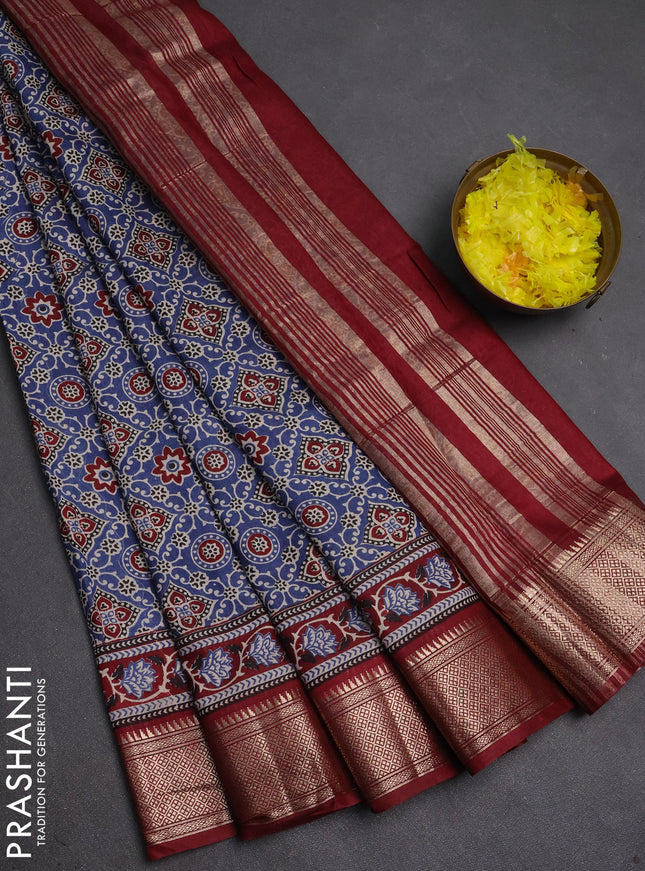 Assam silk saree indigo blue and maroon with allover ajrakh prints and zari woven border