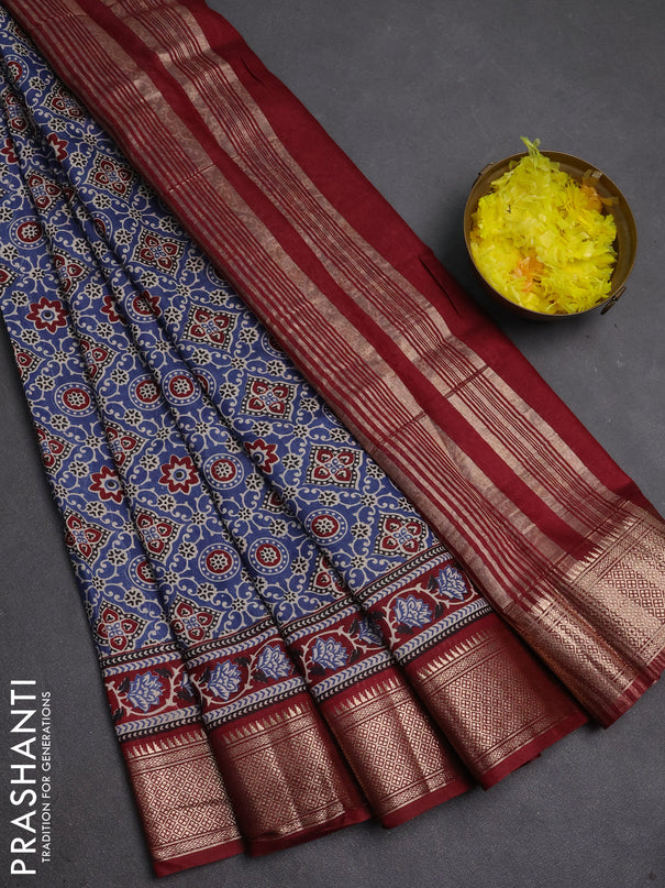 Assam silk saree indigo blue and maroon with allover ajrakh prints and zari woven border