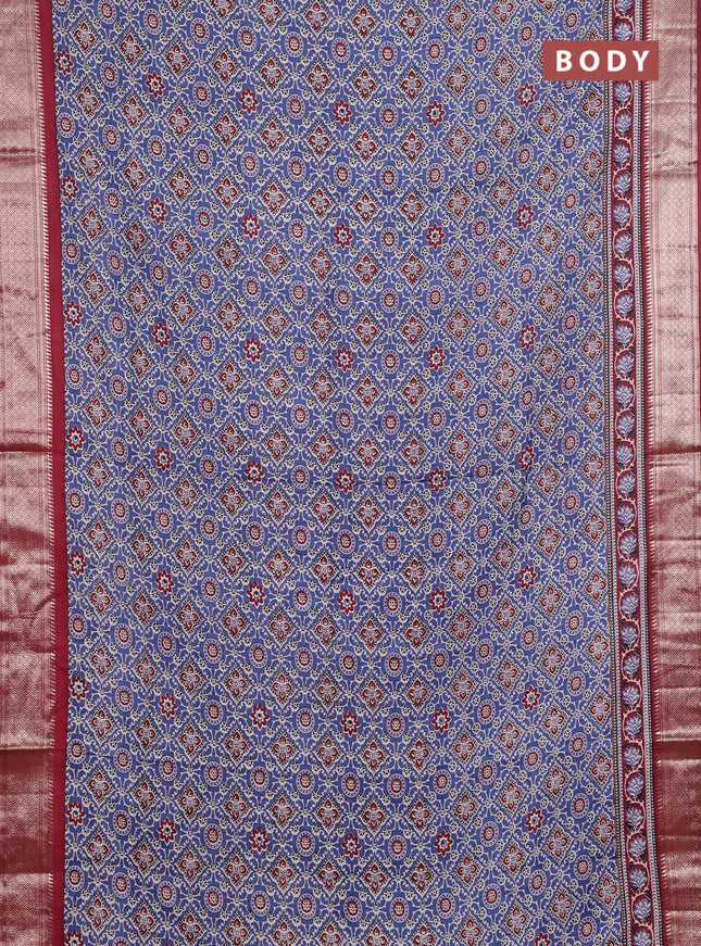 Assam silk saree indigo blue and maroon with allover ajrakh prints and zari woven border