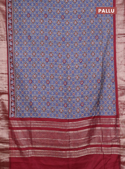 Assam silk saree indigo blue and maroon with allover ajrakh prints and zari woven border