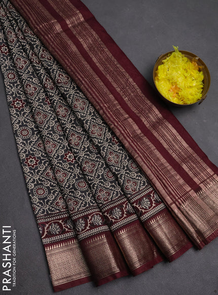 Assam silk saree grey and wine with allover ajrakh prints and zari woven border