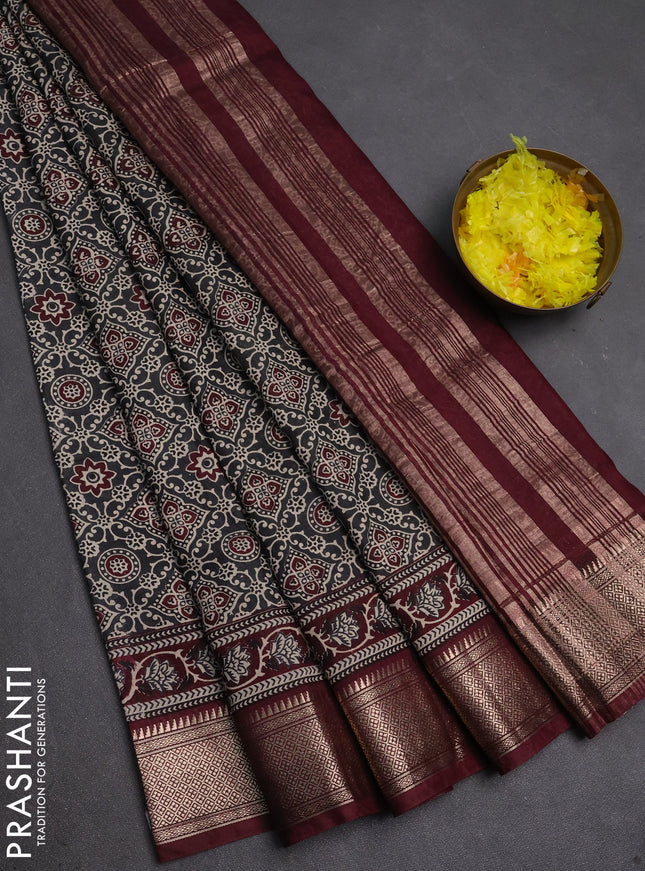 Assam silk saree grey and wine with allover ajrakh prints and zari woven border