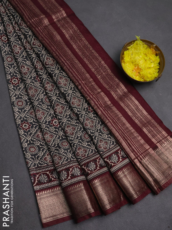 Assam silk saree grey and wine with allover ajrakh prints and zari woven border