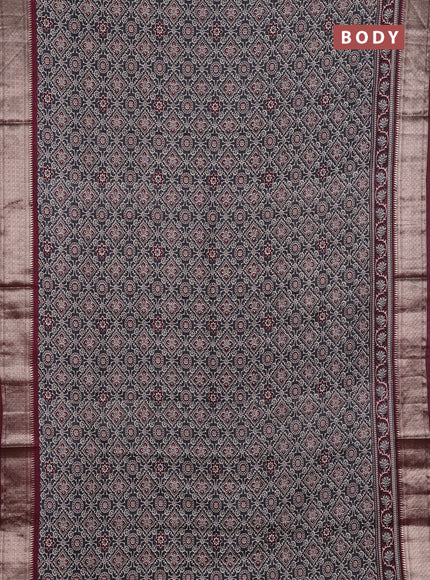 Assam silk saree grey and wine with allover ajrakh prints and zari woven border