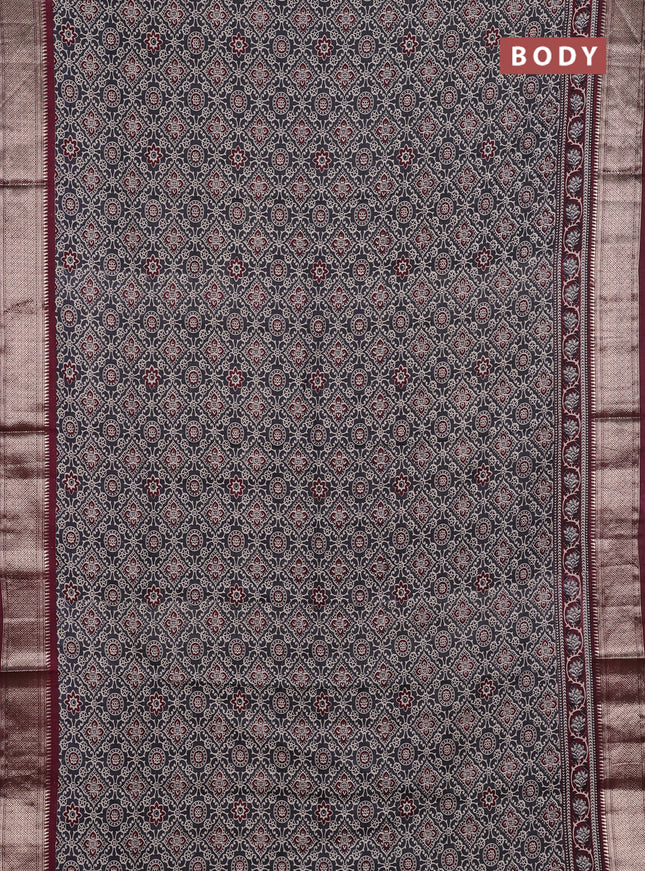 Assam silk saree grey and wine with allover ajrakh prints and zari woven border