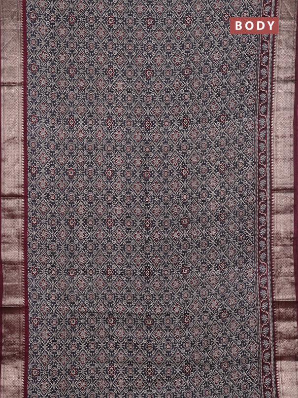 Assam silk saree grey and wine with allover ajrakh prints and zari woven border